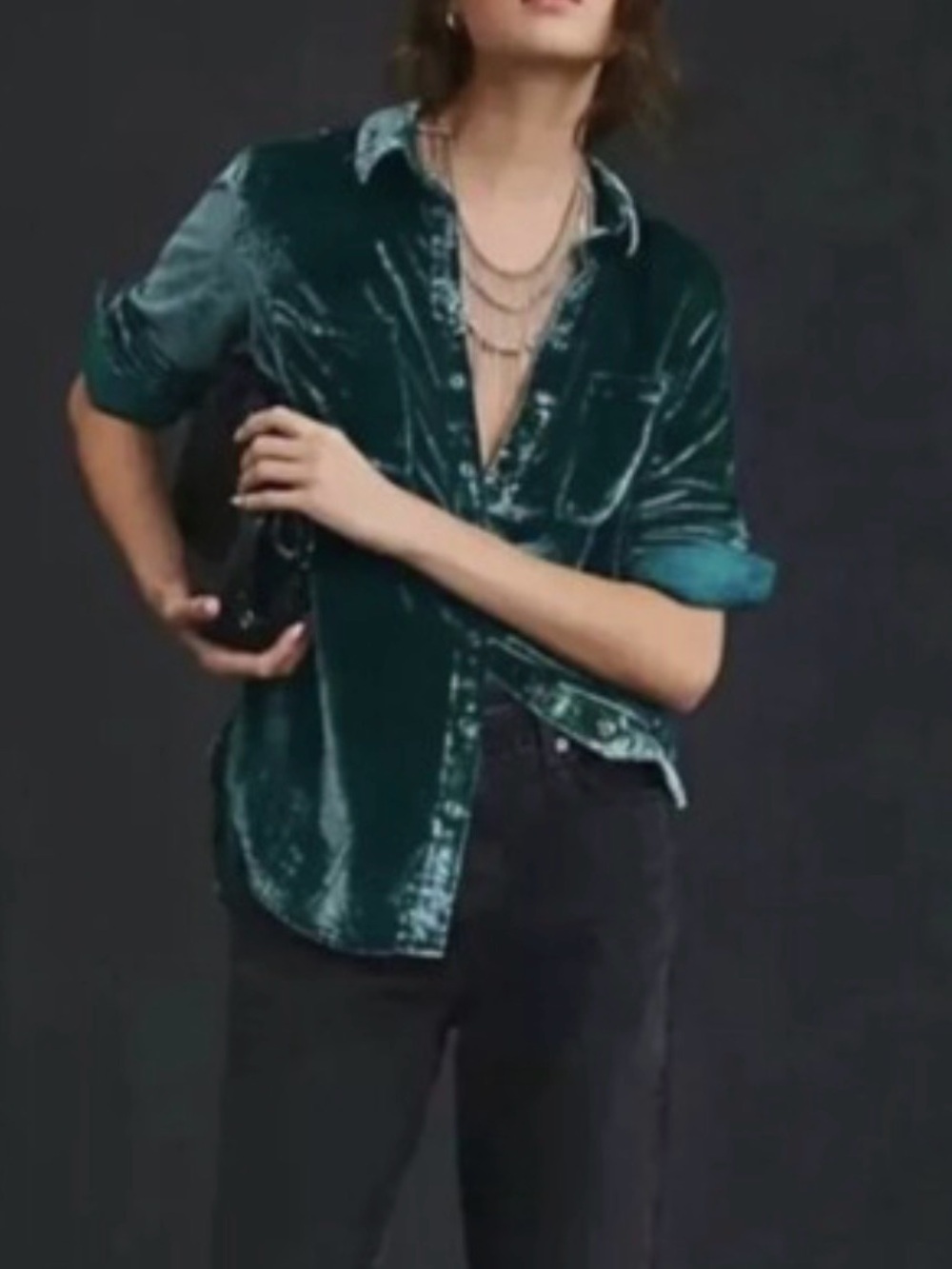 PILCRO Anthropologie Relaxed Velvet Button-Down LS Shirt Emerald Green Women L